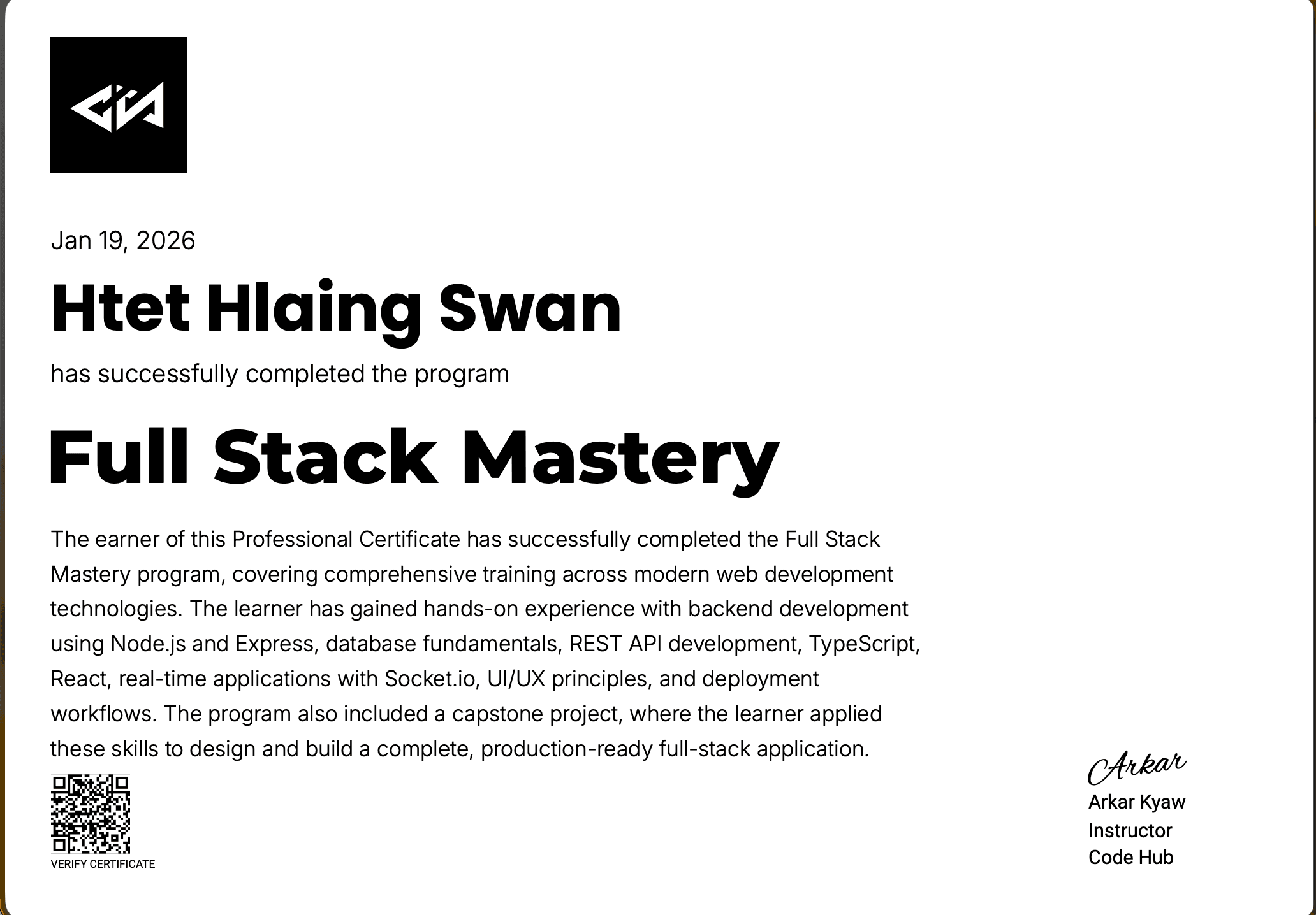 Full Stack Web Development certificate